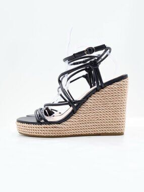 Marc Fisher Zesty Black Faux Leather Strappy 4.5" Wedge Heel Sandals - 10